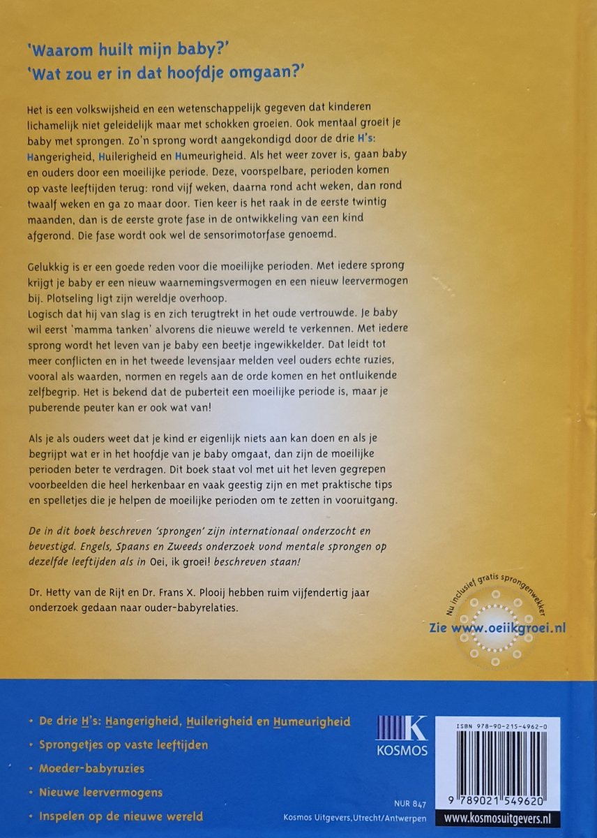 Achterkant van het boek 'Oei, ik groei!' met tekst over de mentale ontwikkeling van baby's.