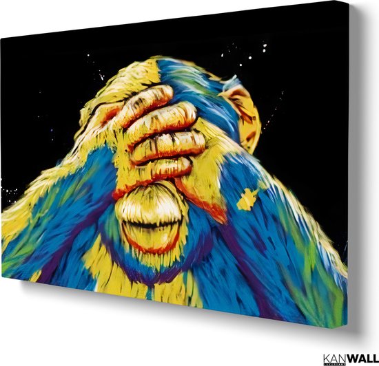 Peinture sur toile de Luxe Singe timide | 40 x 60 | Salle de séjour | Chambre à coucher | Bureau | Musique | Design | Art | Moderne | ** 4 CM D'ÉPAISSEUR ! EFFET 3D**