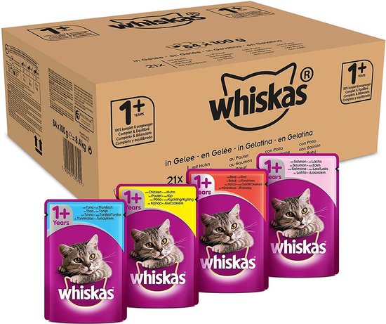 Whiskas 1 - Kattenvoer - Gehydrateerd - in Verschillende Smaken - 84 Stuks (84 x 100 g)