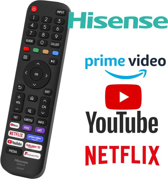 HiSense TV Afstandsbediening - Alternatief EN2G30H (T269780) - Met Youtube, Netflix, Prime, Youtube Music knoppen