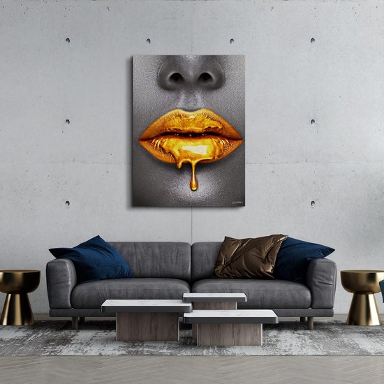 Peinture sur toile de Luxe à lèvres Gold | 60 x 90 | Salle de séjour | Chambre à coucher | Bureau | Musique | Design | Art | Moderne | ** 4 CM D'ÉPAISSEUR ! EFFET 3D**