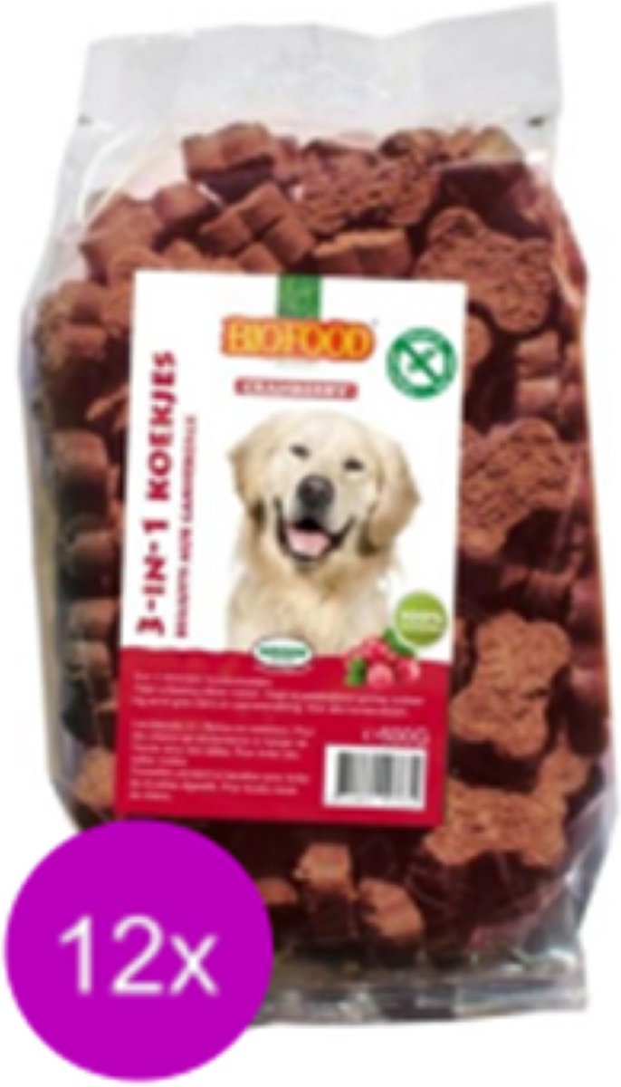12x Biofood 3-In-1 Koekjes Cranberry - Hondensnacks - 500g