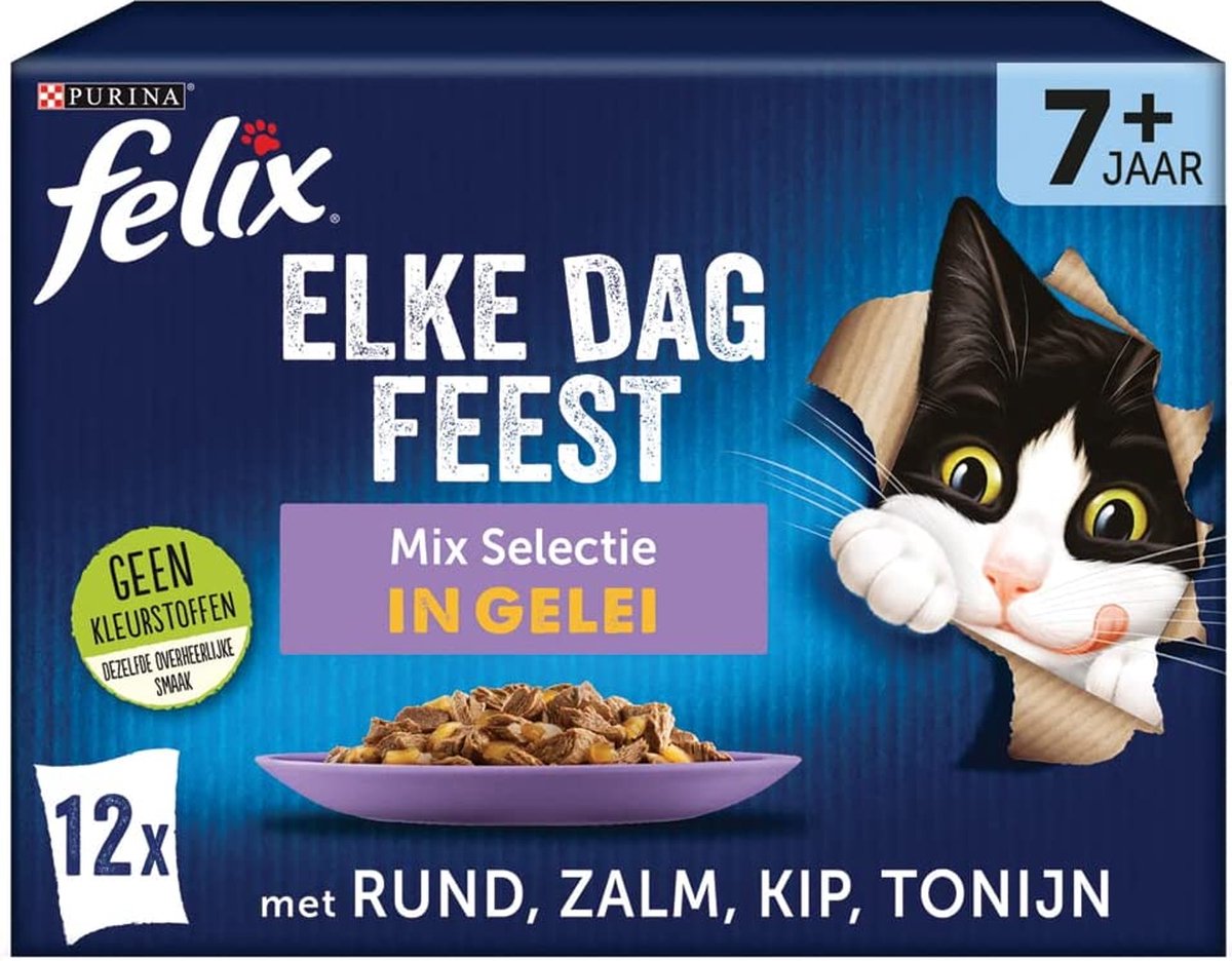 Felix Elke Dag Feest Senior Mix Selectie kattenvoer, natvoer met Tonijn, met Zalm, met Kip en met Rund in Gelei 12x85g- doos van 4 (48 portiezakjes, 4,08kg)