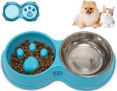 VESFY Anti-Schrok voerbak - Geschikt voor Kleine Honden en Katten - Kattenvoer - Dubbele voerbak  - Drinkbak - Blauw