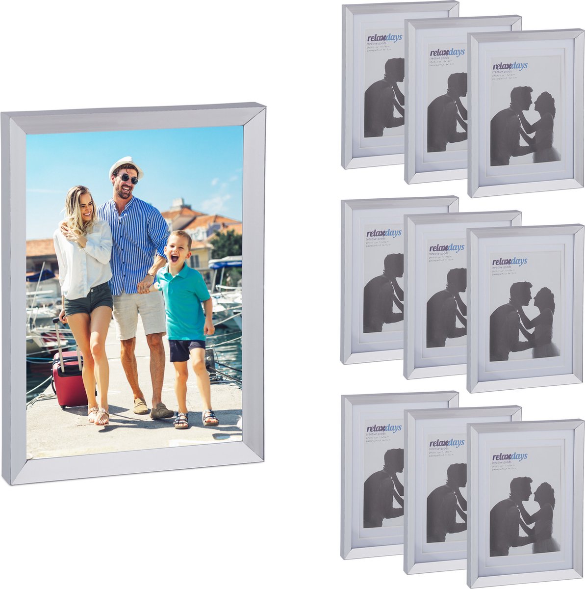 fotolijst set van 10 - 13 x 18 cm - verticaal & horizontaal - met 2 passepartouts - kunststof - zilver