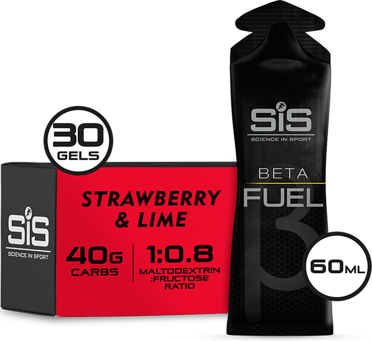 Science in Sport - SIS Beta Fuel - Dual Source energy gel - Strawberry & Lime smaak - 1 0,8 Maltodextrine Fructose verhouding - 40 gram koolhydraten per gel - 30 x 60ml