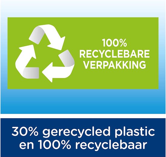 Verpakking met recyclagesymbool. Tekst: '100% recyclebare verpakking', '30% gerecycled plastic en 100% recyclebaar'.