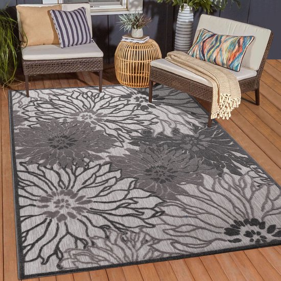 Muratap Floral Buitenkleed - Grijs- 80x150 CM - Tuintapijt - Buitentapijt - Vloerkleed Buiten en Binnen