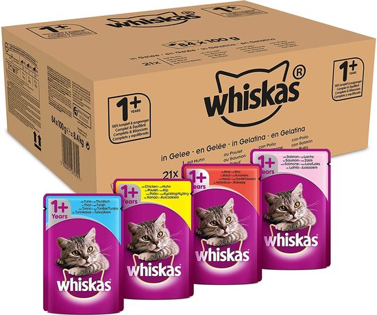 whiskas 323110 1 Kattenvoer, Natvoer, Verschillende Smaken, 84 Porties (84 x 100 g whiskas 323110 1 Kattenvoer, Natvoer, Verschillende Smaken, 84 Porties (84 x 100 g