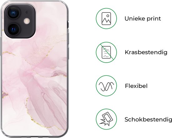 Telefoonhoesje Geschikt voor iPhone 12 mini hoesje - Marmer print - Gouden - Lijn - Siliconen Telefoonhoesje Telefoonhoesje