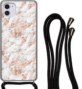 Hoesje met koord Geschikt voor iPhone 12 Mini - Rose goud - Patroon - Marmer print - Luxe - Siliconen - Crossbody - Backcover met Koord - Telefoonhoesje met koord - Hoesje met touw