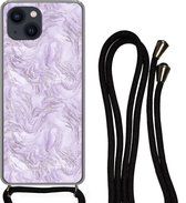 Hoesje met koord Geschikt voor iPhone 13 - Marmer print - Zilver - Luxe - Patroon - Siliconen - Crossbody - Backcover met Koord - Telefoonhoesje met koord - Hoesje met touw