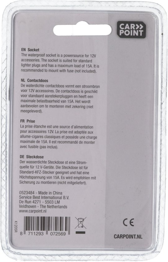 Verpakking met 'Carpoint' logo en meertalige productinformatie: "The waterproof socket is a powersource for 12V accessories. The socket is suited for standard 12V cigar lighter plugs and has a maximum load of 15A. It is recommended to mount with fuse (not included)."