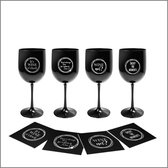 Onbreekbare Wijnset zwart met 4 "glazen" en onderzetters