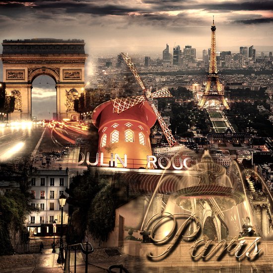 Poster / Papier - Stad / Parijs - Collage Paris in beige / wit / zwart / taupe - 120 x 120 cm