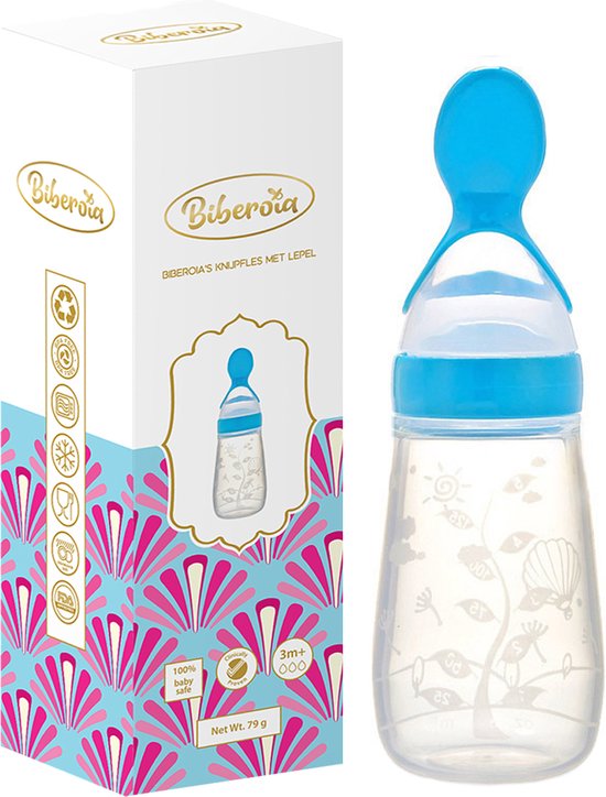 Biberoia® Knijpfles met lepel – Drinkfles - Baby – Kinderbestek - Kraamcadeau – Babyshower – Blauw
