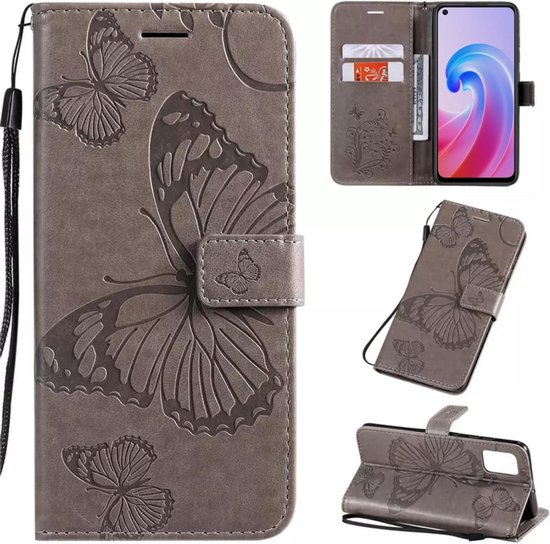 Étui Papillons Grijs - Convient pour OPPO A76 / A96 - Étui Portefeuille - Livret avec Porte-Cartes / Porte-Cartes et Fermeture Magnétique - Housse de Protection Livret pour Cartes