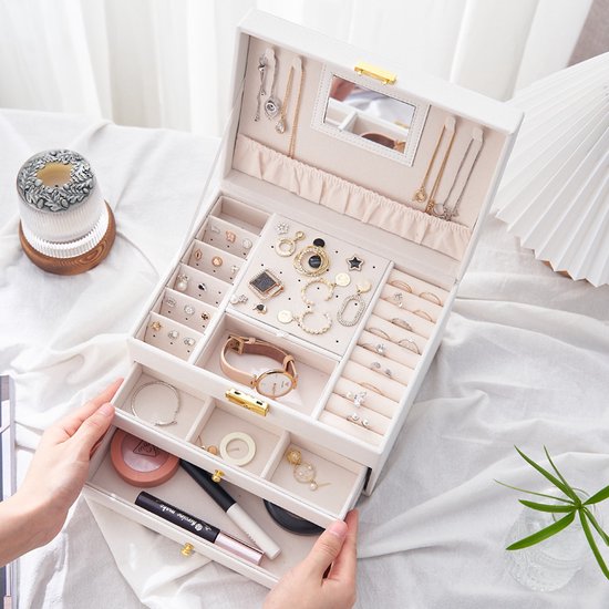 Decopatent® Luxe Juwelendoos - Spiegel - 23 Vakken en La - Sieradenhouder - Bijouterie Kist - Sieradendoos Dames - Meisjes - Wit - Decopatent