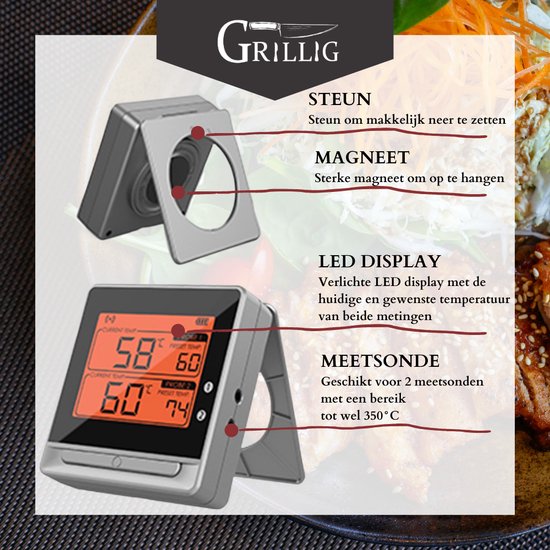 Grillig Mini Smart Vleesthermometer Draadloze BBQ Thermometer met 2