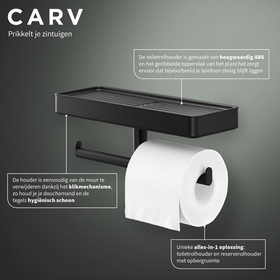 Zwarte wc-rolhouder met planchet en een rol wc-papier erop.