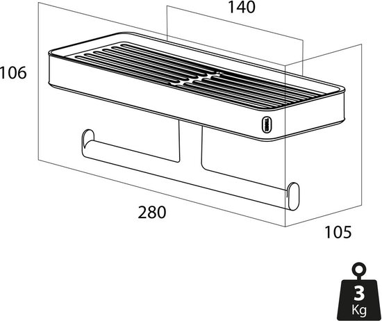 Technische tekening van een zwarte wc-rolhouder met planchet, met afmetingen in mm.