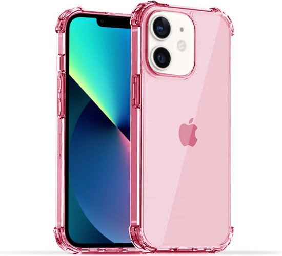 Lichtroze telefoonhoesje met schokbestendige hoeken, naast een iPhone 12.