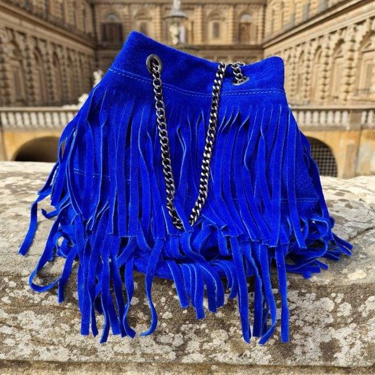 CARINA Italiaanse suède tas - Franjetas - Kobaltblauw - Boho stijl - Ibiza stijl - Zomers gekleurde tas
