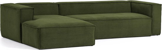 Kave Home - 3-zitsbank Blok met chaise longue links in groen ribfluweel/corduroy 300 cm