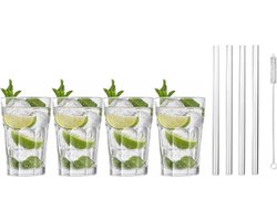 4x Cocktailglazen / Mojito glazen transparant 410 ml - Inclusief 4x glazen herbruikbare rietjes