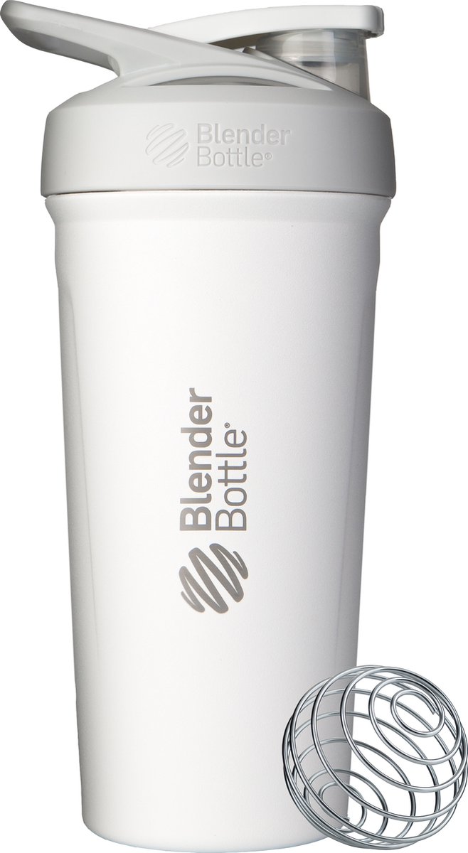 BLENDERBOTTLE | Strada RVS WIT. Je shake 24 uur koud! Eiwitshaker met ophanglus. 710 ML. Met LOCK systeem en lus. Jouw shake gegarandeerd zonder klonten door BlenderBall van chirurgisch staal en ronde onderkant.