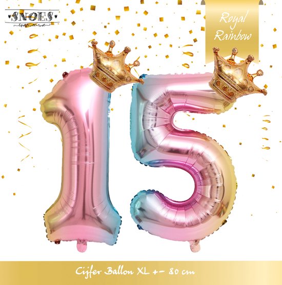 Cijfer Ballon nummer 15 - Prins - Prinses - Royal Rainbow - Ballon - Regenboog Unicorn Kleuren - Prinsessen Verjaardag - Hoera 15 Jaar