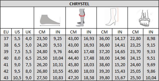 Maattabel voor Chrystel laarzen.