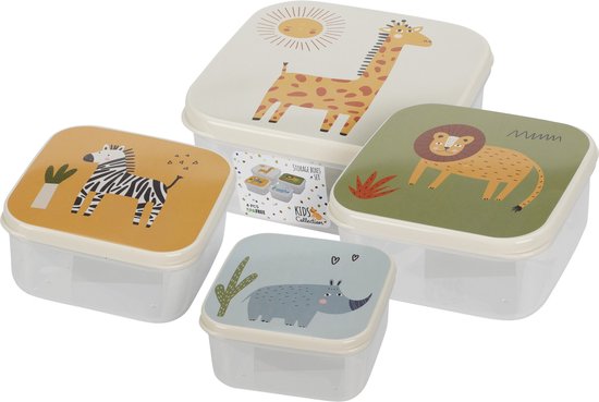 Set van 4 bewaarboxen met safari dierenprint: giraf, leeuw, zebra en neushoorn.