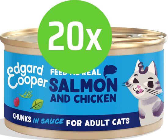 Edgard & Cooper: 20 blikjes kattenvoer, zalm & kip in saus, voor volwassen katten.