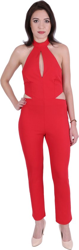 John Zack - Dames Rood Uitgesneden Zijden Halter Hals Slim Fit Jumpsuit / XS