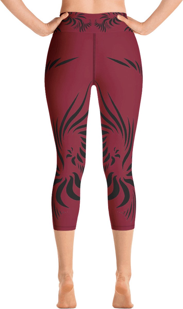 Sportlegging - Capri 3/4 - design Power Up - High Waist - Dry Fit - High Performance - 4way stretch- unieke print - UPF 50+ - Hardloop - Yoga - Fitness - Dans - Pilates - Training - sportbroek - warmrood zwart - maat L — afbeelding 3