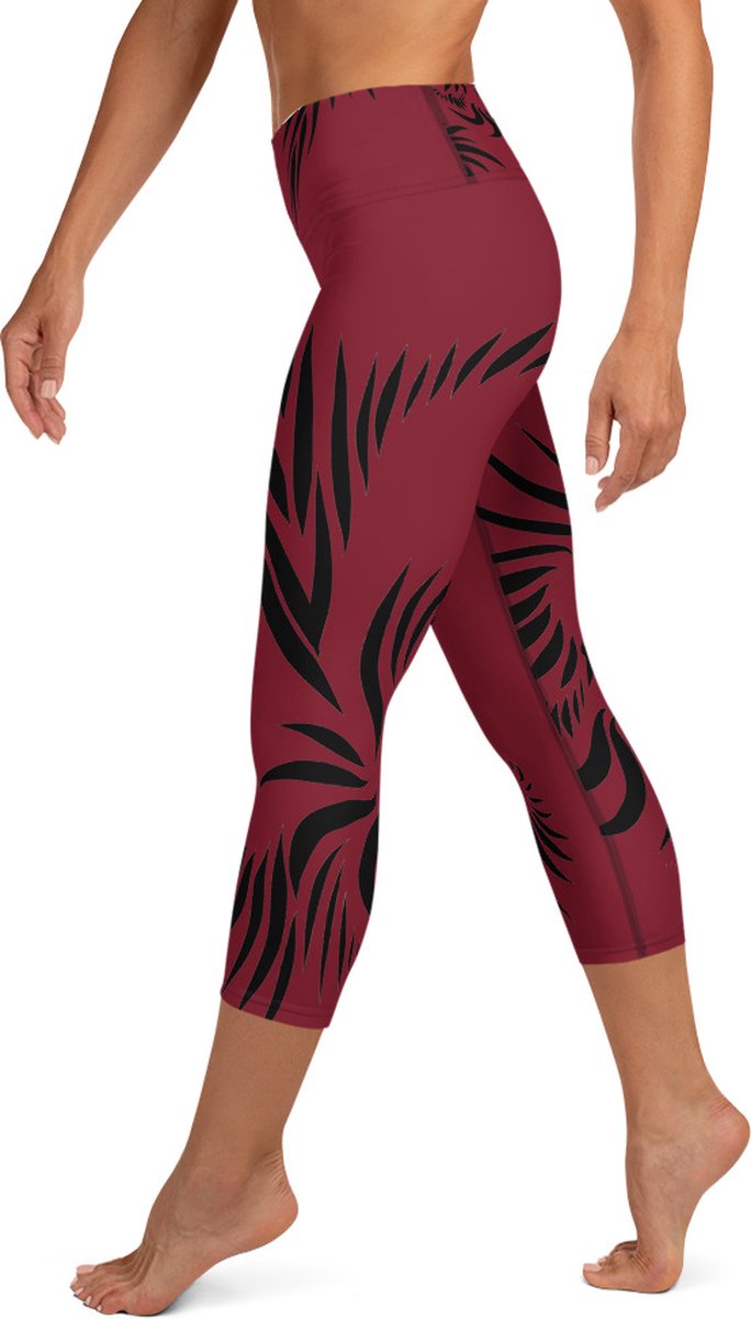 Sportlegging - Capri 3/4 - design Power Up - High Waist - Dry Fit - High Performance - 4way stretch- unieke print - UPF 50+ - Hardloop - Yoga - Fitness - Dans - Pilates - Training - sportbroek - warmrood zwart - maat L — afbeelding 5