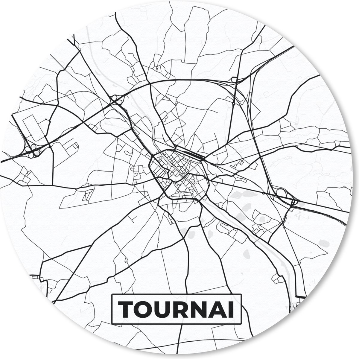Muismat - Mousepad - Rond - België – Tournai – Stadskaart – Kaart – Zwart Wit – Plattegrond - 20x20 cm - Ronde muismat