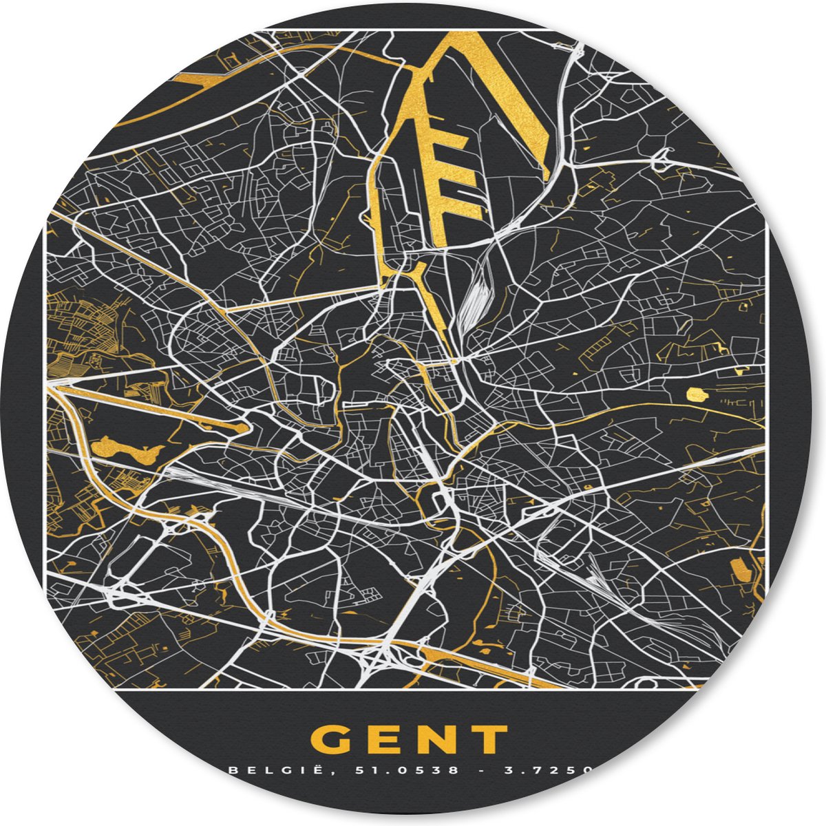 Muismat rond 30x30 cm - Mousepad Gent - Stadskaart - Plattegrond - Goud - Kaart - Ronde muismatten - Stadskaart