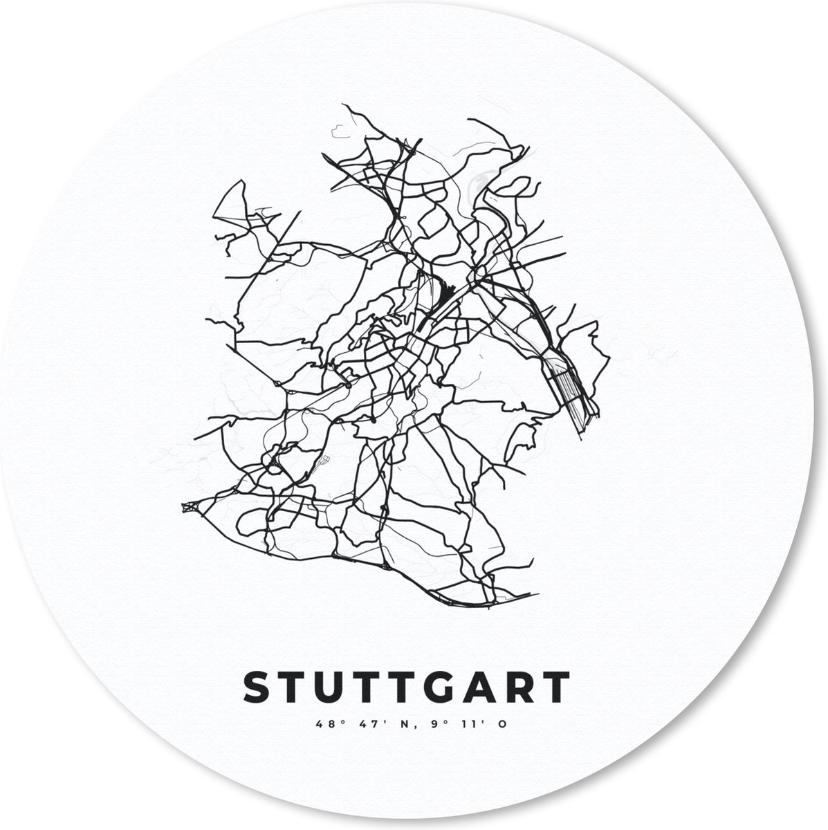 Muismat rond 30x30 cm - Mousepad Stadskaart – Plattegrond – Duitsland – Zwart Wit – Stuttgart – Kaart - Ronde muismatten - Stadskaart