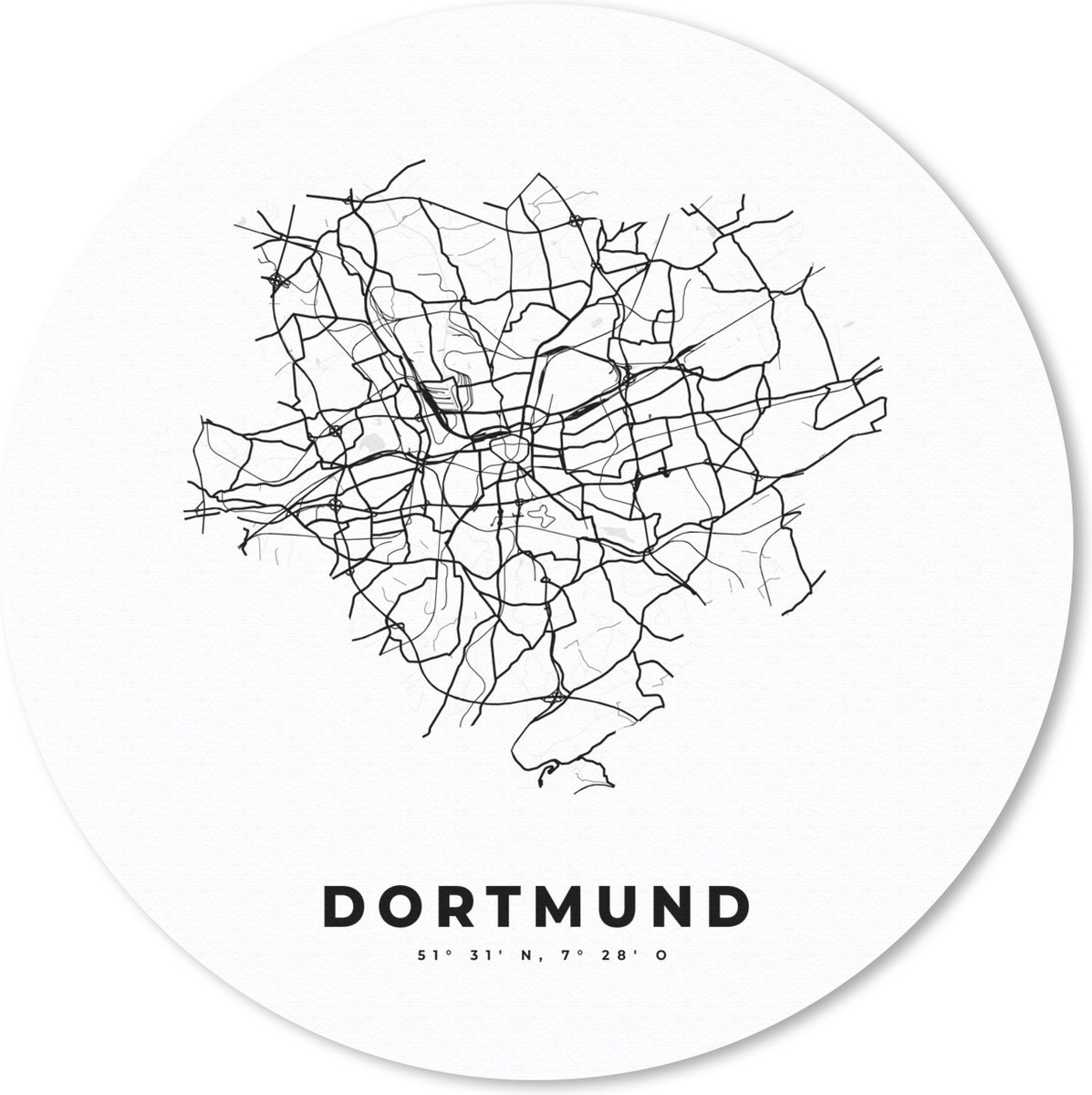 Muismat - Mousepad - Rond - Stadskaart – Plattegrond – Duitsland – Zwart Wit – Dortmund – Kaart - 40x40 cm - Ronde muismat