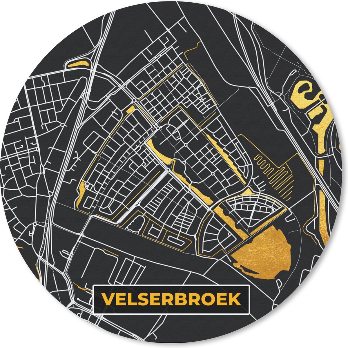 Muismat rond 40x40 cm - Mousepad Velserbroek - Kaart - Plattegrond - Goud - Stadskaart - Ronde muismatten - Stadskaart
