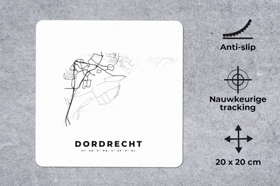 Muismat 20x20 cm - Mousepad Stadskaart – Zwart Wit - Kaart – Dordrecht – Nederland – Plattegrond - Muismatten - Stadskaart