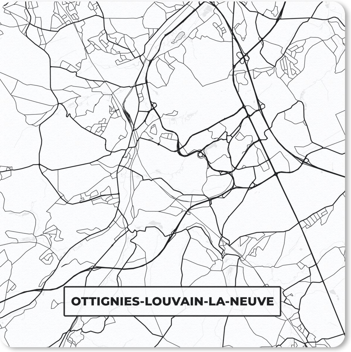 Muismat 30x30 cm - Mousepad Stadskaart – Plattegrond – België – Zwart Wit – Ottignies Louvain la Neuve – Kaart - Muismatten - Stadskaart
