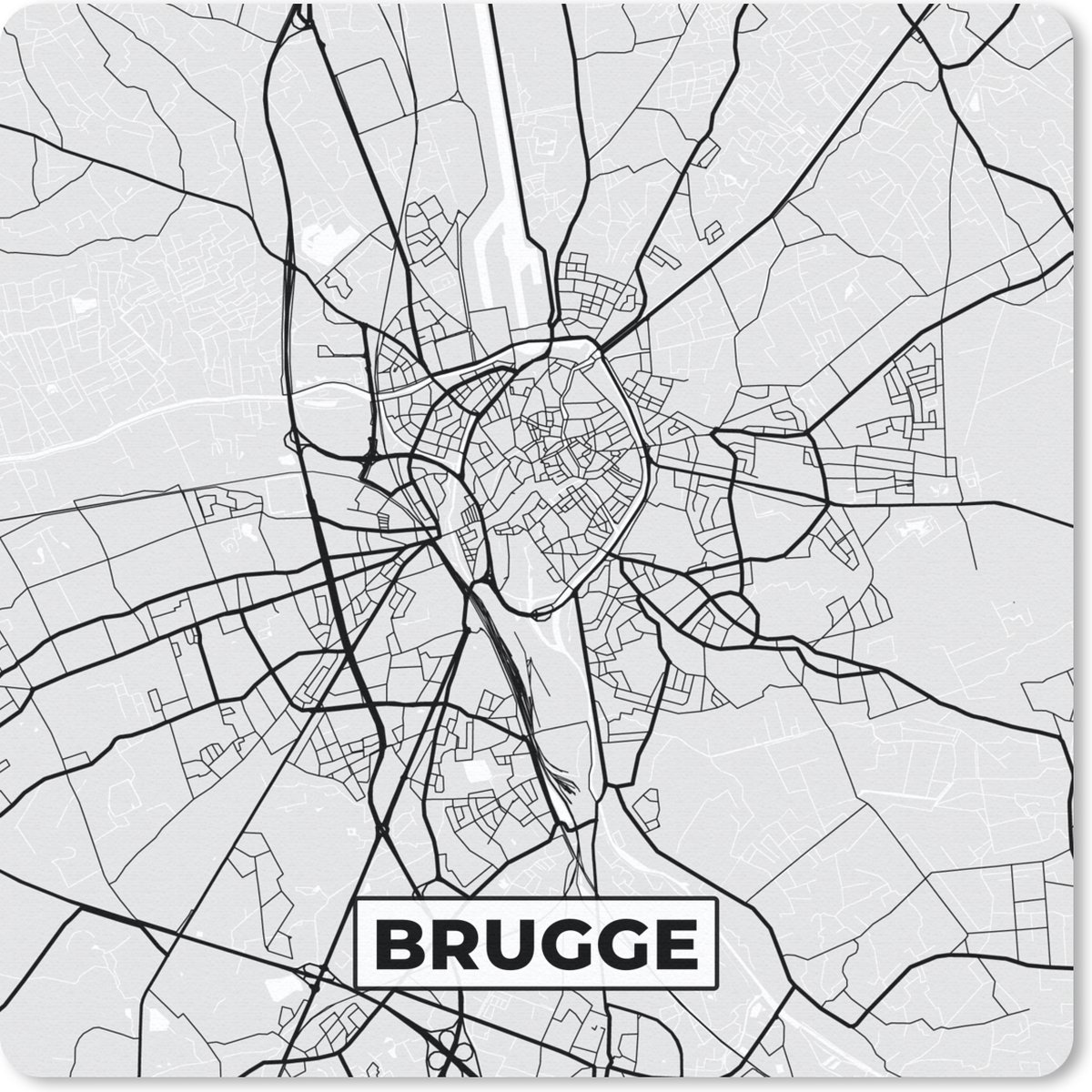 Muismat 20x20 cm - Mousepad België – Brugge – Stadskaart – Kaart – Zwart Wit – Plattegrond - Muismatten - Stadskaart