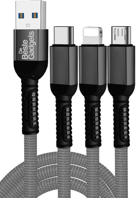 De Beste Gadgets Oplaadkabel 3 in 1 Grijs - Lightning/USB-C/MicroUSB - Geschikt voor iPhone, iPad en Android apparaten