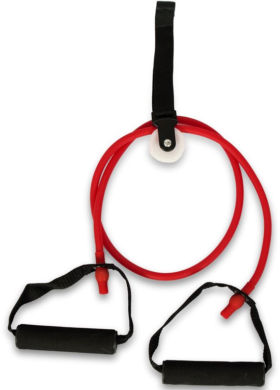 Schoudertrainer met rode fitness tube, witte katrol en zwarte handgrepen.