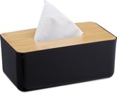 Relaxdays tissue box kunststof met houten deksel - moderne tissuehouder - grote tissuedoos - zwart