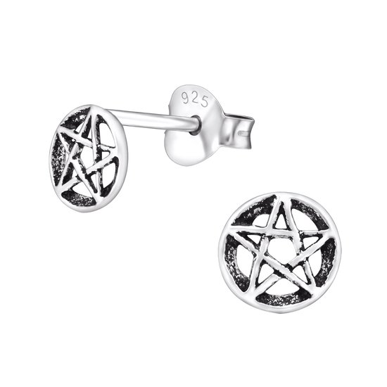 Joy|S - Zilveren pentagram rond oorbellen - 5.5 mm - stud - geoxideerd
