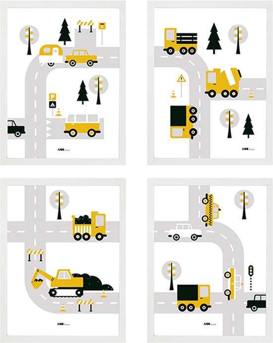 Poster set Voertuigen oker geel 4x maat A4 - auto - graafmachine - vrachtwagen - kinderkamer - jongenskamer - muurdecoratie - kinderkamerstyling - kinderkameraccessoire